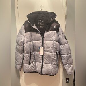 Nwt Men's Spyder puffer jacket, grey/black size M hooded, water/wind Resistant